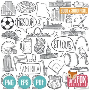 ST LOUIS, Missouri DOODLE Icons. Saint Louis Tourism. Culture and Symbols. Icons Clipart Scrapbook. Set Hand Drawn Line Art Design.