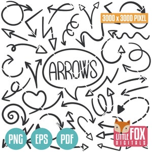 May include: A set of 3000 x 3000 pixel black and white hand-drawn arrows in various styles. The word "ARROWS" is written in a speech bubble. The image also includes the words "PNG", "EPS", and "PDF".