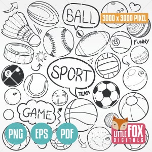 BALONES DEPORTIVOS, iconos vectoriales de doodle. Iconos de doodle deportivos de entrenamiento, clipart, álbum de recortes, diseño de bocetos digitales dibujados a mano para colorear.