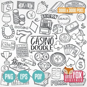 CASINO Gambling, Lucky Poker Blackjack Roulette Doodle. Game Cards Icons Clipart Scrapbook. Hand Drawn Line Art Design Coloring Sketch.