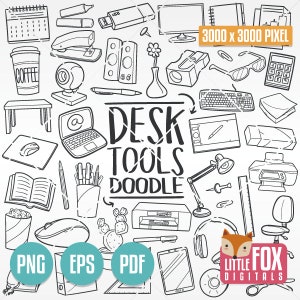 Strumenti DESK, clipart icona doodle. Desktop da lavoro in ufficio. Album di ritagli per scrivania sul posto di lavoro. Set da segretaria Disegni di loghi da colorare disegnati a mano.