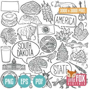 SOUTH DAKOTA Symbole. Amerikanischer Zustand Clipart. SD Sioux Falls Schnelle Stadt Icons Doodle. Sammelalbum. Handgezeichnete Linie Kunst. Design-Kunstwerk.