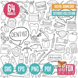 DENTISTA Svg ícones vetoriais de doodle. Clipart de ilustração dentária, conjunto de coleção de dentes arte de linha desenhada à mão, desenho de desenho para colorir.