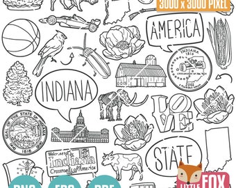 Op de afbeelding: Een zwart-witte lijntekening met verschillende Indiana-thema iconen, waaronder een staatszegel, een schuur, een maïsstengel, een kardinaal, een basketbal, een auto, een koe, een mammoet, een bloem, een staatsomtrek, een bord met de tekst "Welkom in Indiana Crossroads of America", en de woorden "Indiana", "Amerika", "Liefde", en "Staat".