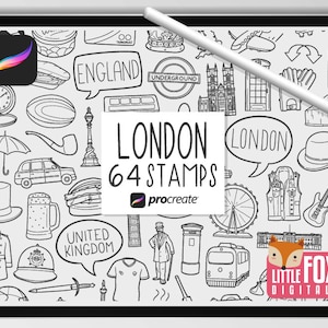 LONDON STAMPS, Procreate Brushes, Travel England Icons, British Bundle Doodles. Landmark Clipart Digital Sticker Scrapbook Set Coloring.