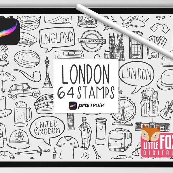 LONDON STAMPS, Procreate Brushes, Travel England Icons, British Bundle Doodles. Landmark Clipart Digital Sticker Scrapbook Set Coloring.