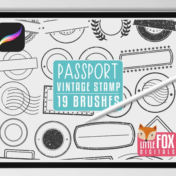 VINTAGE STAMPS, Procreate Brushes, Empty Seal, Made in Passport Postage, Bundle Grunge Silhouette. Digital Postmark Scrapbooking Set.