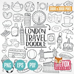 LONDRES, INGLATERRA, REINO UNIDO, vetor de ícones de doodle. Viagens, Férias, Europa, Doodle, Ícones, Clipart, Conjunto de Scrapbook, Colorir, Linha, Arte, Rabiscos Desenhados à Mão.