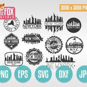 Sellos SVG de Nueva York. Archivo SVG de corte de Nueva York. Skyline de Nueva York en SVG. Silueta de Nueva York en SVG. Imágenes prediseñadas de Nueva York. Icono vectorial para diseño de logotipos.