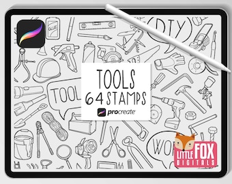 TOOLS STAMPS, Procreate Brushes, DIY Icons, Hand Tools Bundle Doodles. Home Repair Clipart Digital Planner. Handyman Scrapbook Set Coloring.