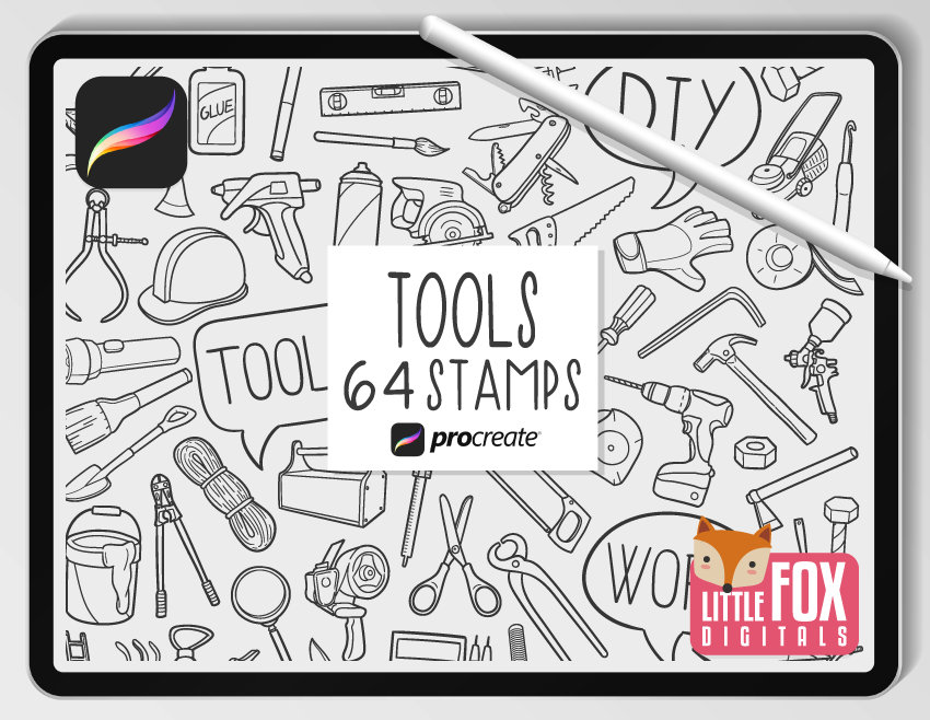 Sellos de herramientas para Procreate – Set de pinceles de herramientas manuales, iconos DIY y doodles de reparación del hogar