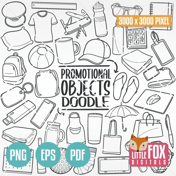 PROMOTIONAL OBJECTS, Gifts and Souvenir Doodle. Advertising gifts Icons Clipart Scrapbook Set. Hand Drawn Line Art Design Clip Art Coloring.