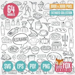 RESTAURANT SVG, doodle vector iconen. Chef-kok menu eten doodle clipart. Plakboek set kleuren handgetekende set Krabbel schets lijntekeningen ontwerp.