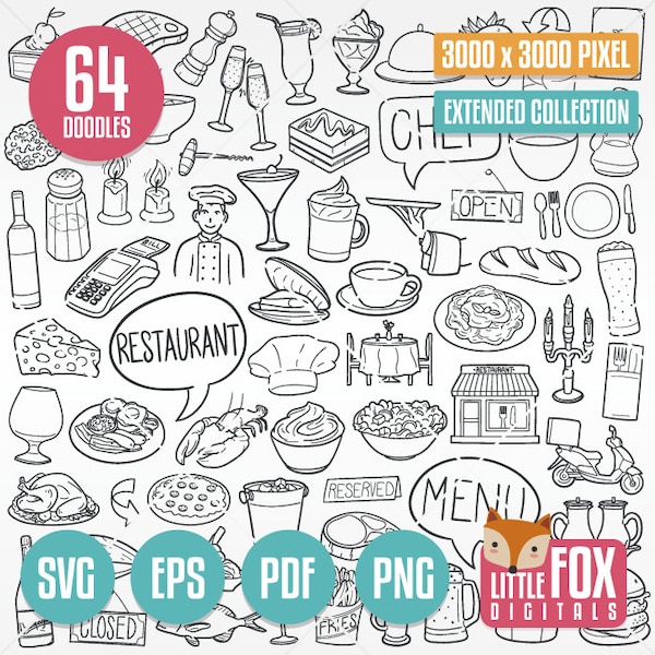 RESTAURANT SVG, doodle vector icons. Chef Menu Food Doodle Clipart. Scrapbook Set Coloring Hand Drawn Set Scribble Sketch Line Art Design.