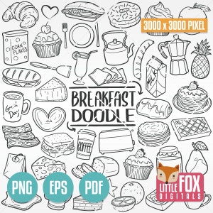COMIDA DE DESAYUNO, iconos vectoriales de doodle. Clipart de cocina para lanzamiento de comida rápida de almuerzo. Conjunto de buenos días, ilustraciones para colorear, bocetos dibujados a mano.