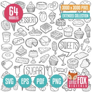 DESSERT SVG, doodle vector iconen. Snoep Cake Shop Doodle pictogrammen Clipart Scrapbook. Desserts instellen bakhuis Hand getrokken schets lijn Art Design.