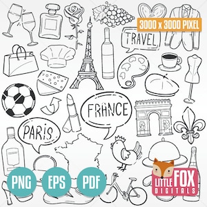 Iconos de viajes de Francia. Concepto de turismo con símbolos franceses. Dibujos animados. Iconos de garabatos. Colección de álbumes de recortes. Dibujo digital para colorear. Boceto dibujado a mano.