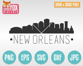 May include: Black and white silhouette of the New Orleans skyline with the text "NEW ORLEANS" below. The image is 3000 x 3000 pixels and is available in PNG, EPS, SVG, DXF, and JPG formats.