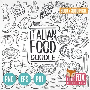 ITALIAANS VOEDSEL, krabbelpictogrammen. Restaurant Concept Art Cartoon Doodle Pictogrammen Clipart Plakboek. Line Art Collection Handgetekende schets Krabbel.