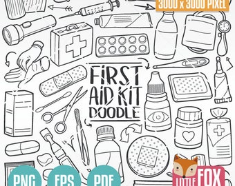First Aid Kit Doodle Icons, Clip Art Set (Digital Download)