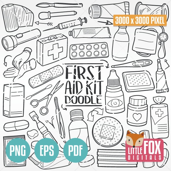 FIRST AID KIT Doodle Icons, Home House Tools Medical Doodle Icons Clipart Scrapbook Set Hand Drawn Line Art Design Clip Art Coloring Sketch.