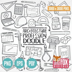 ARCHITECTUUR, krabbelpictogrammen. Bouw Concept Art Cartoon Doodle Pictogrammen Clipart Scrapbook Set Digitale Kleuren Handgetekende Lijn Kunst Schets.