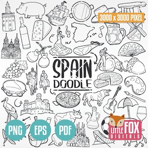Ícones de doodle vetorial ESPANHA. Conjunto de álbum de recortes de clipart da Europa espanhola. Espanha Barcelona Design de arte de linha desenhada à mão. Arte Clip Art Coloração.
