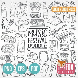 FESTIVAL DE MÚSICA Iconos de fiesta. Doodle de vacaciones de verano. Iconos de conciertos. Colección de álbumes de recortes. Diseño de arte lineal dibujado a mano. Clip Art para colorear. Boceto.