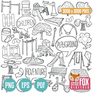PLAYGROUND, ícones vetoriais de doodle. Crianças parque tradicional Doodle ícones clipart. Esboço de coloração de arte de design de linha desenhada à mão.
