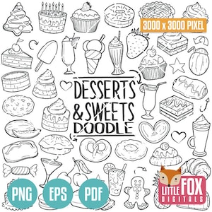 DESSERTS en SNOEPJES, doodle vector iconen. Sugar Confectionery Cake Shop Doodle Icons Clipart Set. Snoepjes Kleuren Clip art Sketch Krabbel.