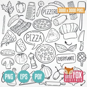 RECEITA de ingredientes para PIZZA. Cardápio famoso de restaurantes. Conceito culinário: ícones de desenho animado, clipart de pizzaria, esboço de arte em linha para colorir.
