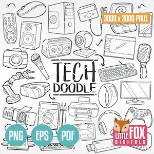 TECHNOLOGY, Doodle icon vector. Tech Machine Computer Industry Art Cartoon Doodle Icons Clipart. Set Digital Coloring Hand Drawn Line Art.