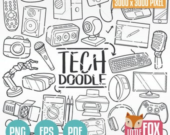 Tech Doodle Icon Set, Machine Computer Art (Digital Download)
