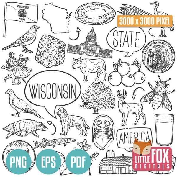 Wisconsin State Symbols. American State Clipart. WI Milwaukee Traditional Icons Doodle. Scrapbook. USA Hand Drawn Line. Design Set Artwork.