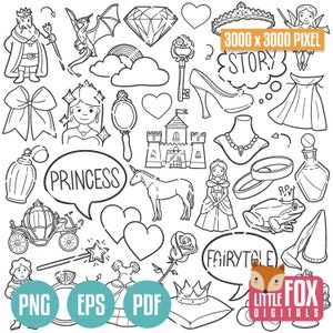 PRINSES, sprookjesachtige pictogramdoodles. Sprookje magische pictogrammen Clipart fantasie. Meisje Fantasy Hand Getekend. Queen Line Art Design Clip Art kleuren.