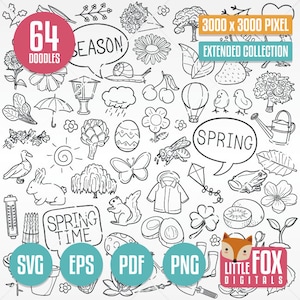 FRÜHLING SVG, Doodle Icon Vektoren. Saison Pflanzen und Blumen Doodle Icons Clipart. Handgezeichnete Linie Art Design Clip Färbung Skizze Scribble.