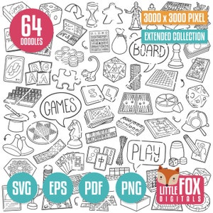 BOARD GAME SVG, Clipart Doodle Icons. Family Play Vector Illustration Hand Drawn. Clip art Scrapbook Game Night. Coloring Line Printable.
