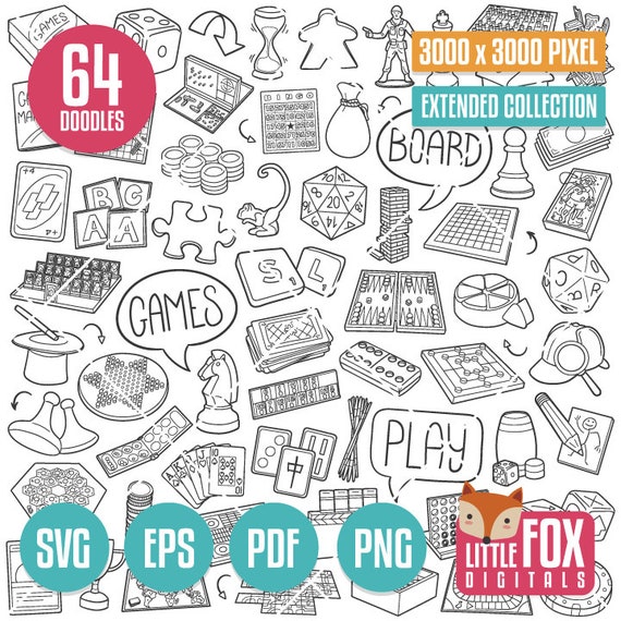 Board Games Doodle Clipart Icons. Family Game Play Scrapbook 
