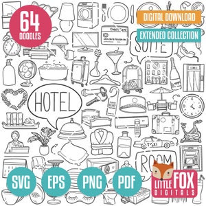 HOTEL, iconos vectoriales SVG Doodle. Imágenes Prediseñadas de iconos de Doodle de habitación suite. Hostel B&B Vacation Set Arte lineal dibujado a mano Diseño artístico Clip Art.