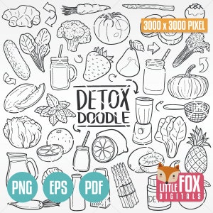 Doodle sain nutrition DETOX. Mélange de fruits et d'aliments Ensemble d'icônes Clipart Scrapbooking Ensemble de croquis dessinés à la main Dessin au trait Ligne à colorier Griffonnage dessiné à la main.