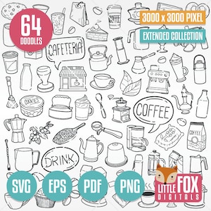 CAFÉ E CHÁ, ícones vetoriais SVG para doodle. Conjunto de clipart com ícones de bebidas para scrapbook. Desenho de esboço de rabiscos desenhados à mão para colorir cafeteria.