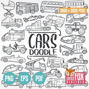 CARS Clipart Travel vector Doodle Icons. Vehicles Transport Icons Clipart Scrapbook Set. Truck Hand Drawn Line Art Design. Artwork Coloring.