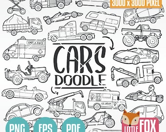 CARS Clipart Travel vector Doodle Icons. Vehicles Transport Scrapbook Set. Truck Hand Drawn Line Art Design. Artwork Coloring.