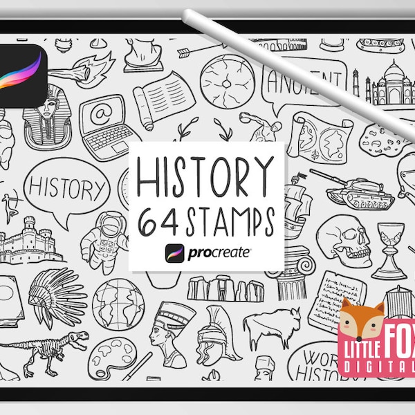 HISTORY STAMPS, Procreate Brushes, World History Icons, Bundle Doodles. Historical Clipart Digital Sticker Planner Scrapbook Set Coloring.