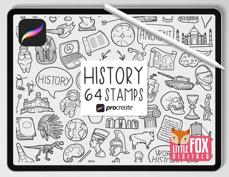 May include: Black and white hand-drawn illustrations of historical objects and symbols. The illustrations include a castle, a globe, a dinosaur, a skull, a ship, a crown, a compass, a map, a computer, a book, a sword, an arrow, a chariot, a tank, a pyramid, a pharaoh, a Roman helmet, a Native American headdress, a caveman, an astronaut, a Stonehenge monument, a Taj Mahal, and more. The text "HISTORY 64 STAMPS" is in the center of the image. The text "procreate" is in a small box below the text "HISTORY 64 STAMPS". The text "LITTLE FOX DIGITALS" is in the bottom right corner of the image.