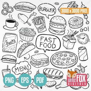 FAST FOOD, Gekritzelvektorikonen. Restaurant Menu Doodle Icons Clipart. Set Färbung Handzeichnung Line Art Scribble Design Handgezeichnet.