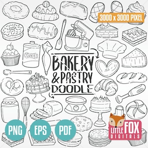 BAKKERIJ, doodle vector iconen. Gebak Cake Shop Doodle pictogrammen Clipart Scrapbook. Desserts Voedsel Set Bakhuis Hand Getrokken Schets Lijn Art Design.