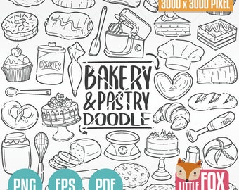 BAKERY, doodle vector icons. Pastry Cake Shop Doodle Icons Clipart Scrapbook. Desserts Food Set Bakehouse Hand Drawn Sketch Line Art Design.