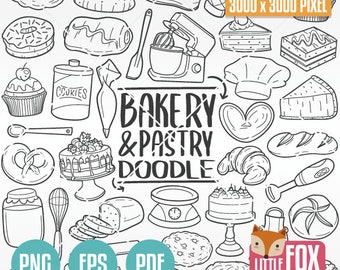 BAKERY, doodle vector icons. Pastry Cake Shop Clipart Scrapbook. Desserts Food Set Bakehouse Hand Drawn Sketch Line Art Design.