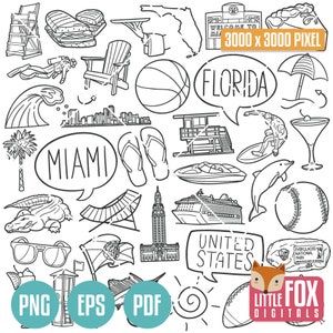 MIAMI, Flórida DOODLE Icons. Viagem de verão América Turismo. Cultura e símbolos. Ícones Clipart Scrapbook. Conjunto Hand Drawn Line Art Design.